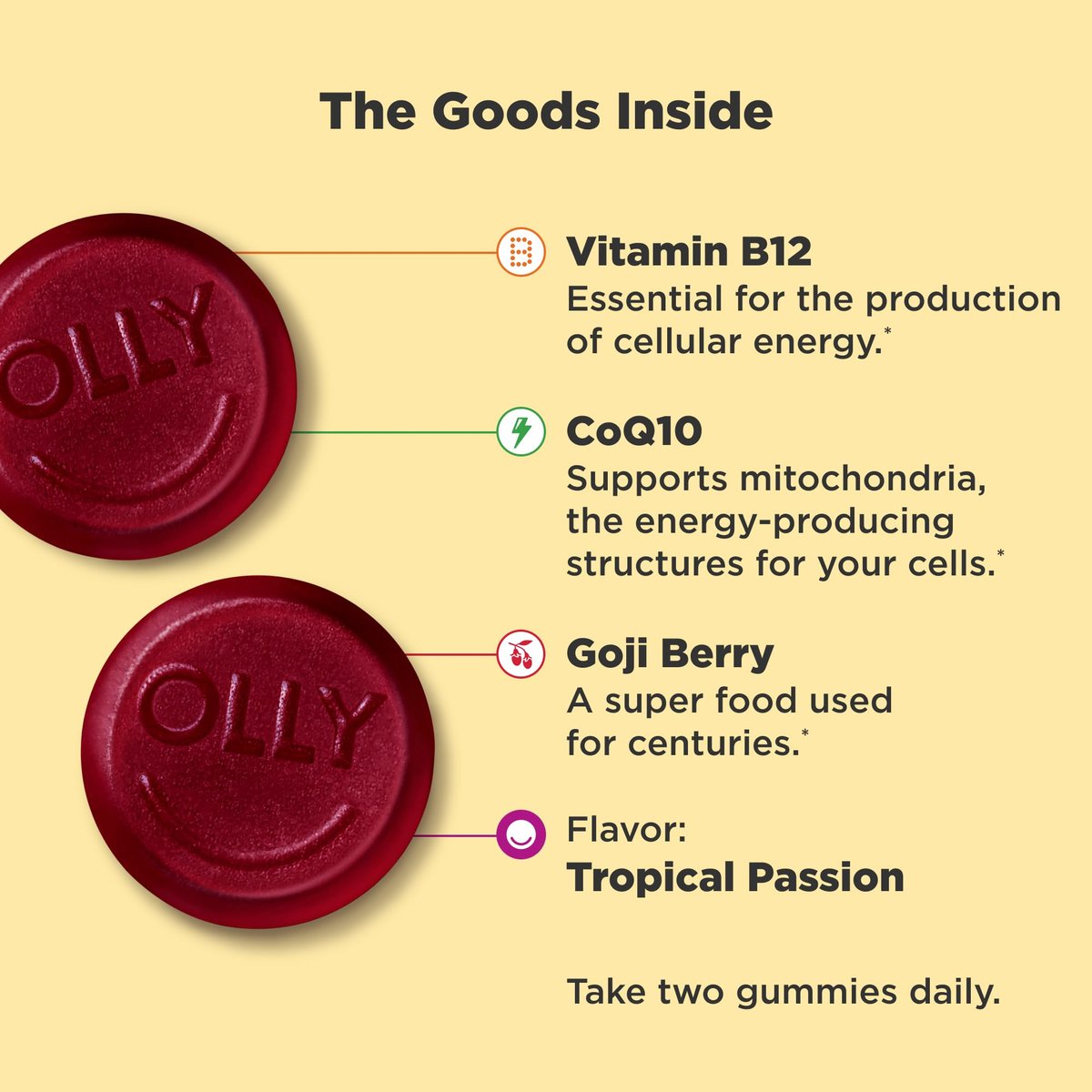 OLLY Daily Energy Gummy – Koffeinfreie Zellenergie mit Vitamin B12, CoQ10 & Goji-Beere, Tropical Passion Geschmack, 60 Tage Vorrat (120 Stück)