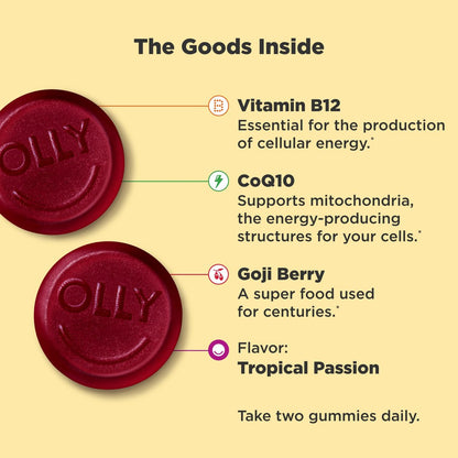OLLY Daily Energy Gummy – Koffeinfreie Zellenergie mit Vitamin B12, CoQ10 & Goji-Beere, Tropical Passion Geschmack, 60 Tage Vorrat (120 Stück)