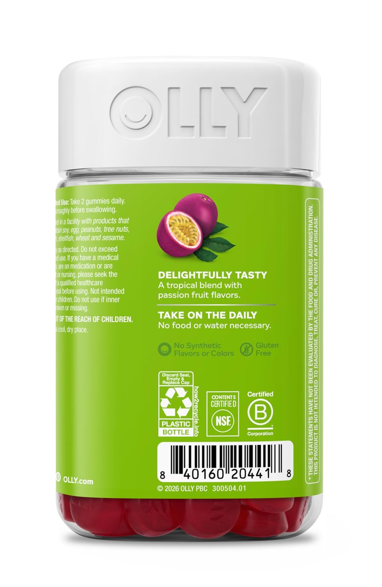 OLLY Daily Energy Gummy – Koffeinfreie Zellenergie mit Vitamin B12, CoQ10 & Goji-Beere, Tropical Passion Geschmack, 60 Tage Vorrat (120 Stück)