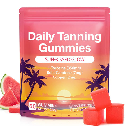 Tägliche Bräunungsgummis – mit L-Tyrosin, Beta-Carotin & Kupfer für einen natürlichen, sonnengeküssten Teint, Wassermelonen-Geschmack, 60 Stück