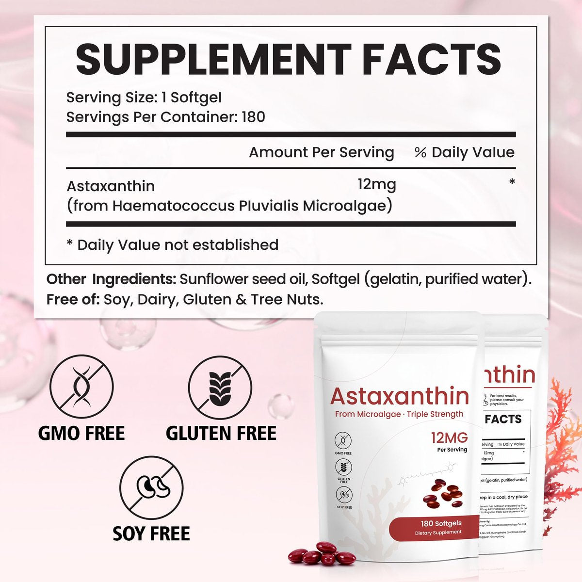 PixelVerve Astaxanthin Kapseln 12 mg, 180 Softgels, 6 Monate Vorrat | Hochreines Astaxanthin aus frischen Mikroalgen | Unterstützt Augen-, Haut- und Gelenkgesundheit | Nicht-GVO
