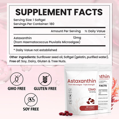 PixelVerve Astaxanthin Kapseln 12 mg, 180 Softgels, 6 Monate Vorrat | Hochreines Astaxanthin aus frischen Mikroalgen | Unterstützt Augen-, Haut- und Gelenkgesundheit | Nicht-GVO