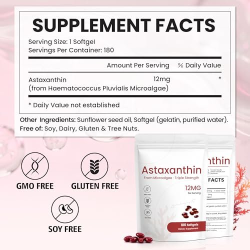 PixelVerve Astaxanthin Kapseln 12 mg, 180 Softgels, 6 Monate Vorrat | Hochreines Astaxanthin aus frischen Mikroalgen | Unterstützt Augen-, Haut- und Gelenkgesundheit | Nicht-GVO