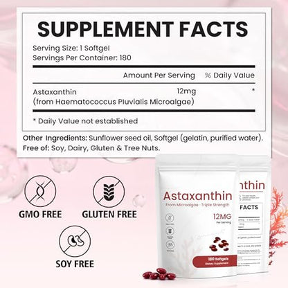 PixelVerve Astaxanthin Kapseln 12 mg, 180 Softgels, 6 Monate Vorrat | Hochreines Astaxanthin aus frischen Mikroalgen | Unterstützt Augen-, Haut- und Gelenkgesundheit | Nicht-GVO