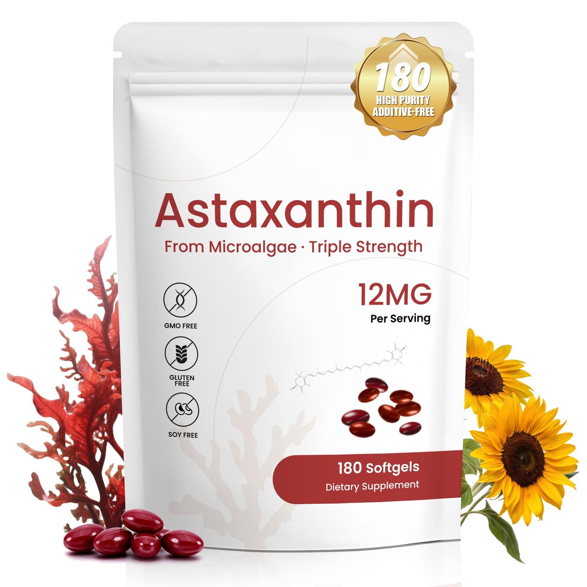 PixelVerve Astaxanthin Kapseln 12 mg, 180 Softgels, 6 Monate Vorrat | Hochreines Astaxanthin aus frischen Mikroalgen | Unterstützt Augen-, Haut- und Gelenkgesundheit | Nicht-GVO