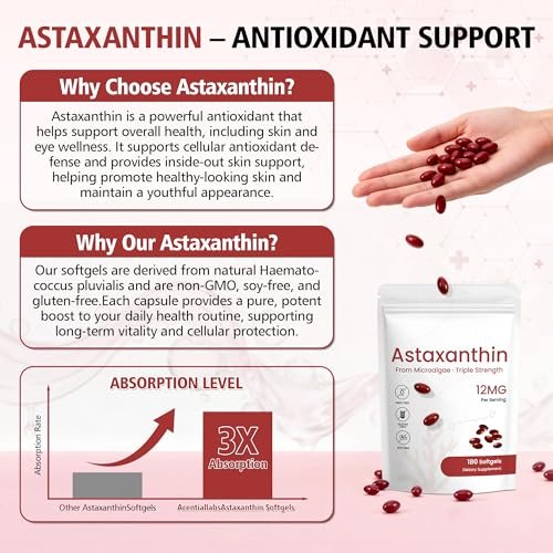 PixelVerve Astaxanthin Kapseln 12 mg, 180 Softgels, 6 Monate Vorrat | Hochreines Astaxanthin aus frischen Mikroalgen | Unterstützt Augen-, Haut- und Gelenkgesundheit | Nicht-GVO