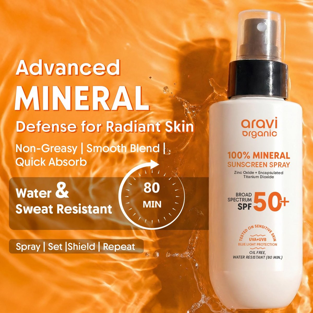 Aravi Organic 100% Mineral Sonnenschutz Spray Mist SPF50 | Breitband UVA/UVB Schutz | Riffreundlich, Reisegröße | Wasserbeständig | Zinkoxid & Titandioxid | Für trockene & empfindliche Haut