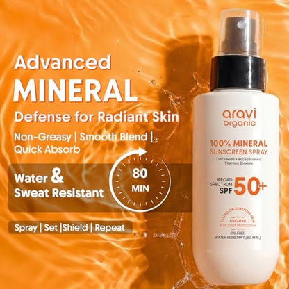 Aravi Organic 100% Mineral Sonnenschutz Spray Mist SPF50 | Breitband UVA/UVB Schutz | Riffreundlich, Reisegröße | Wasserbeständig | Zinkoxid & Titandioxid | Für trockene & empfindliche Haut