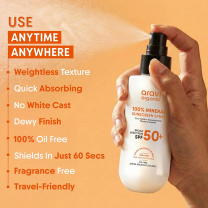 Aravi Organic 100% Mineral Sonnenschutz Spray Mist SPF50 | Breitband UVA/UVB Schutz | Riffreundlich, Reisegröße | Wasserbeständig | Zinkoxid & Titandioxid | Für trockene & empfindliche Haut