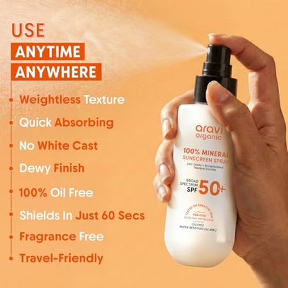Aravi Organic 100% Mineral Sonnenschutz Spray Mist SPF50 | Breitband UVA/UVB Schutz | Riffreundlich, Reisegröße | Wasserbeständig | Zinkoxid & Titandioxid | Für trockene & empfindliche Haut