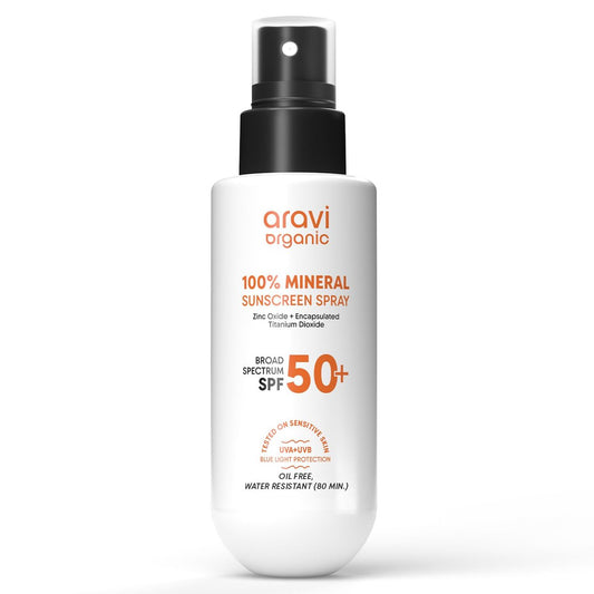 Aravi Organic 100% Mineral Sonnenschutz Spray Mist SPF50 | Breitband UVA/UVB Schutz | Riffreundlich, Reisegröße | Wasserbeständig | Zinkoxid & Titandioxid | Für trockene & empfindliche Haut