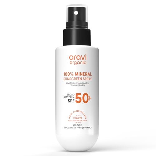 Aravi Organic 100% Mineral Sonnenschutz Spray Mist SPF50 | Breitband UVA/UVB Schutz | Riffreundlich, Reisegröße | Wasserbeständig | Zinkoxid & Titandioxid | Für trockene & empfindliche Haut