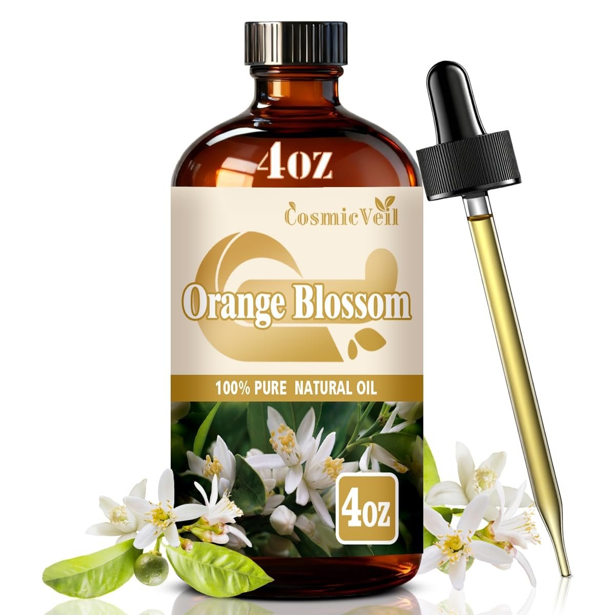 Orangenblüten-Ätherisches Öl für Aroma-Diffuser, Luftbefeuchter, Raumduft, Reinigung, Körperpflege, Massage, Yoga, DIY-Kerzen, DIY-Seife – CosmicVeil (Orangenblüte, 118 ml)
