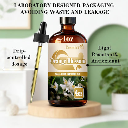Orangenblüten-Ätherisches Öl für Aroma-Diffuser, Luftbefeuchter, Raumduft, Reinigung, Körperpflege, Massage, Yoga, DIY-Kerzen, DIY-Seife – CosmicVeil (Orangenblüte, 118 ml)