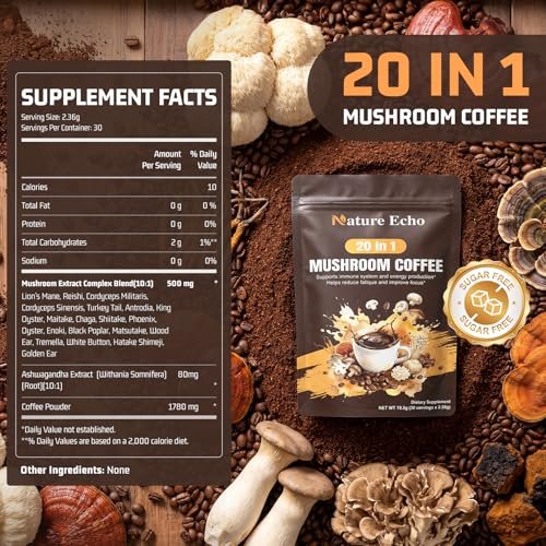 Nature Echo 20-in-1 Pilz-Kaffee mit Ashwagandha | Löwenmähne, Reishi, Cordyceps & mehr - Koffeinarmes Instant-Kaffeepulver für Fokus, Energie, Immun- und Darmunterstützung | 2,5 Unzen | Zuckerfrei