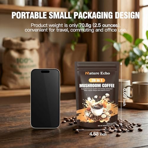 Nature Echo 20-in-1 Pilz-Kaffee mit Ashwagandha | Löwenmähne, Reishi, Cordyceps & mehr - Koffeinarmes Instant-Kaffeepulver für Fokus, Energie, Immun- und Darmunterstützung | 2,5 Unzen | Zuckerfrei