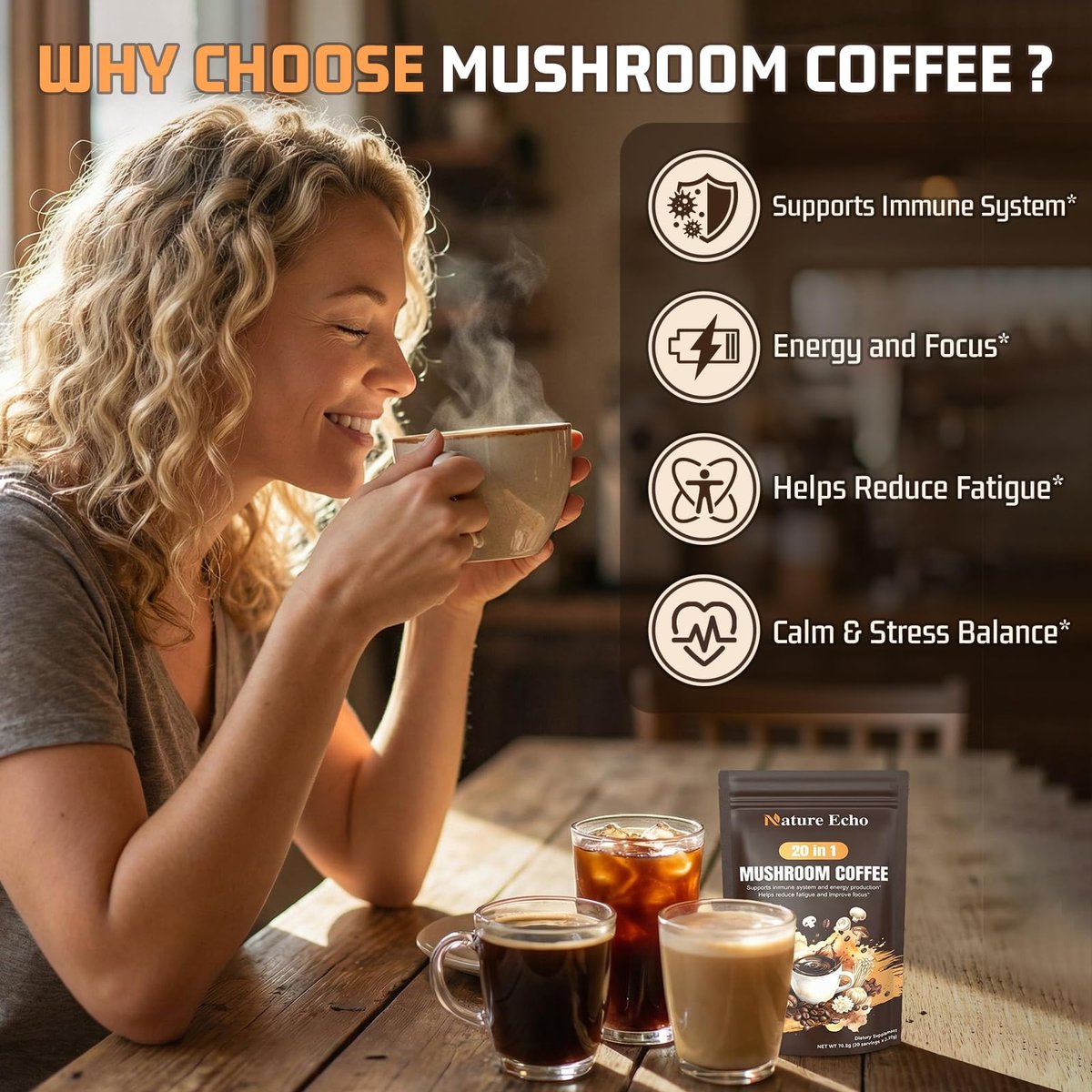 Nature Echo 20-in-1 Pilz-Kaffee mit Ashwagandha | Löwenmähne, Reishi, Cordyceps & mehr - Koffeinarmes Instant-Kaffeepulver für Fokus, Energie, Immun- und Darmunterstützung | 2,5 Unzen | Zuckerfrei