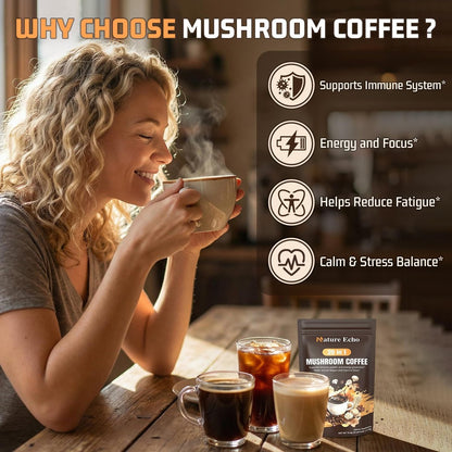 Nature Echo 20-in-1 Pilz-Kaffee mit Ashwagandha | Löwenmähne, Reishi, Cordyceps & mehr - Koffeinarmes Instant-Kaffeepulver für Fokus, Energie, Immun- und Darmunterstützung | 2,5 Unzen | Zuckerfrei