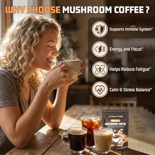 Nature Echo 20-in-1 Pilz-Kaffee mit Ashwagandha | Löwenmähne, Reishi, Cordyceps & mehr - Koffeinarmes Instant-Kaffeepulver für Fokus, Energie, Immun- und Darmunterstützung | 2,5 Unzen | Zuckerfrei