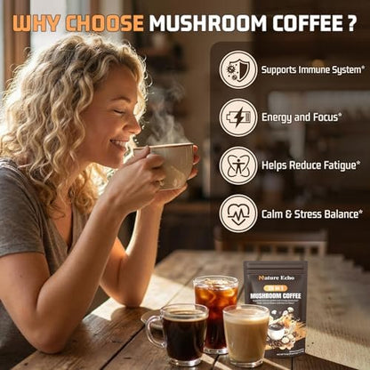 Nature Echo 20-in-1 Pilz-Kaffee mit Ashwagandha | Löwenmähne, Reishi, Cordyceps & mehr - Koffeinarmes Instant-Kaffeepulver für Fokus, Energie, Immun- und Darmunterstützung | 2,5 Unzen | Zuckerfrei