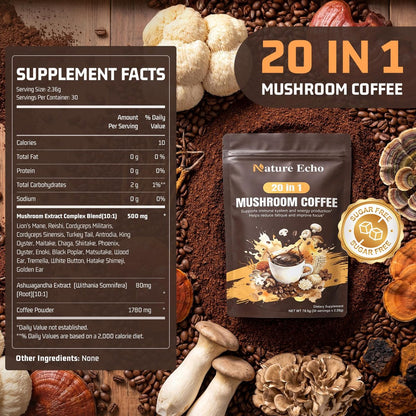 Nature Echo 20-in-1 Pilz-Kaffee mit Ashwagandha | Löwenmähne, Reishi, Cordyceps & mehr - Koffeinarmes Instant-Kaffeepulver für Fokus, Energie, Immun- und Darmunterstützung | 2,5 Unzen | Zuckerfrei