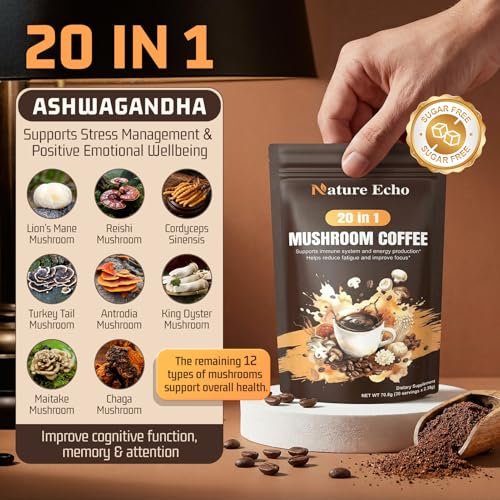 Nature Echo 20-in-1 Pilz-Kaffee mit Ashwagandha | Löwenmähne, Reishi, Cordyceps & mehr - Koffeinarmes Instant-Kaffeepulver für Fokus, Energie, Immun- und Darmunterstützung | 2,5 Unzen | Zuckerfrei