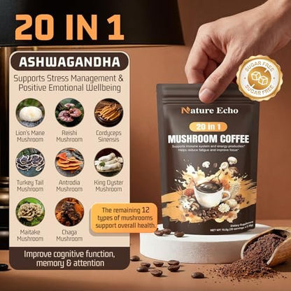 Nature Echo 20-in-1 Pilz-Kaffee mit Ashwagandha | Löwenmähne, Reishi, Cordyceps & mehr - Koffeinarmes Instant-Kaffeepulver für Fokus, Energie, Immun- und Darmunterstützung | 2,5 Unzen | Zuckerfrei