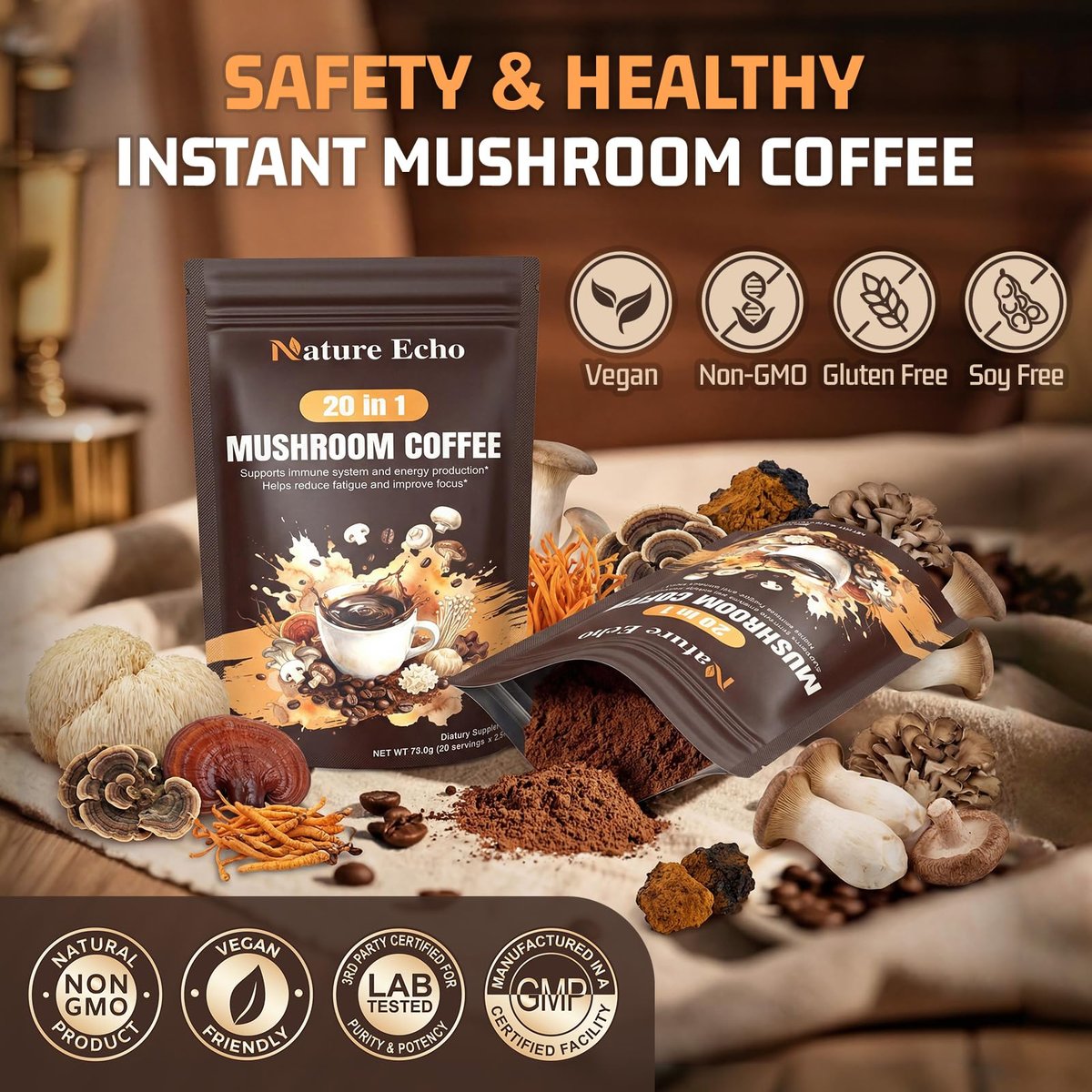 Nature Echo 20-in-1 Pilz-Kaffee mit Ashwagandha | Löwenmähne, Reishi, Cordyceps & mehr - Koffeinarmes Instant-Kaffeepulver für Fokus, Energie, Immun- und Darmunterstützung | 2,5 Unzen | Zuckerfrei