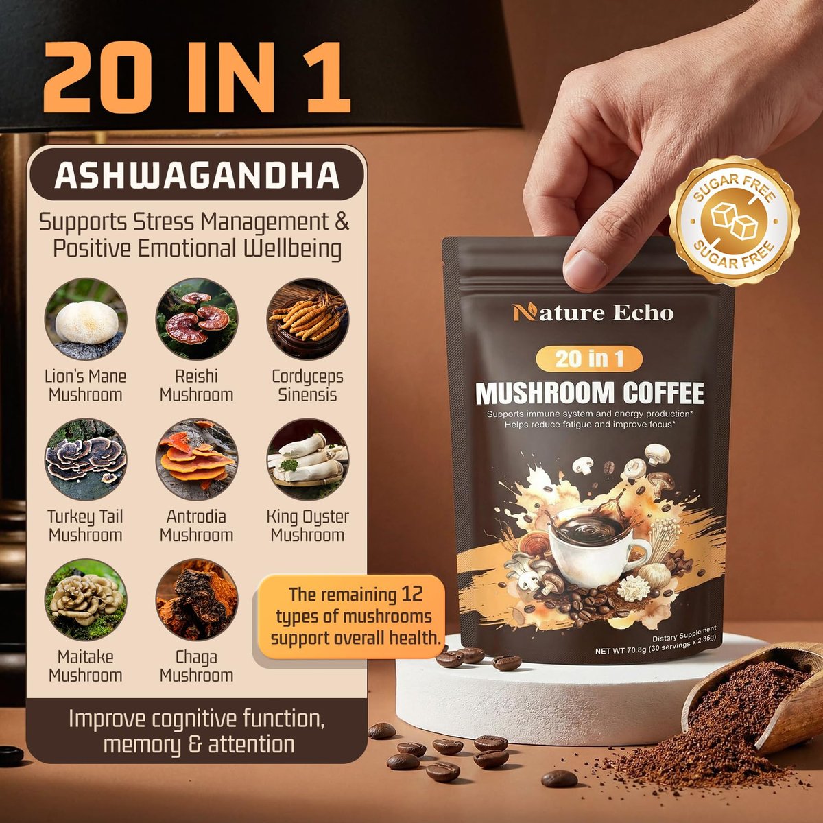 Nature Echo 20-in-1 Pilz-Kaffee mit Ashwagandha | Löwenmähne, Reishi, Cordyceps & mehr - Koffeinarmes Instant-Kaffeepulver für Fokus, Energie, Immun- und Darmunterstützung | 2,5 Unzen | Zuckerfrei