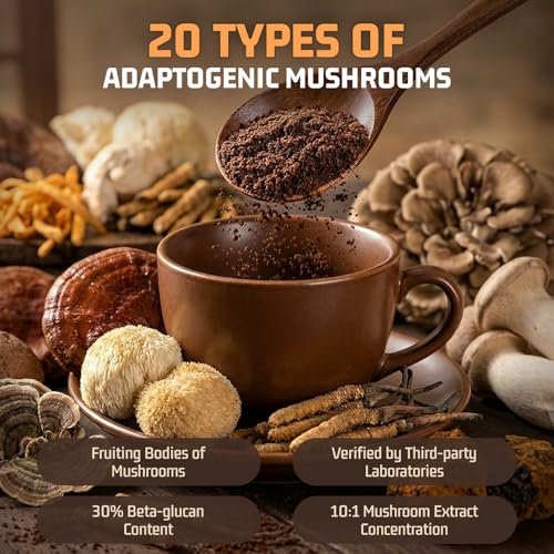 Nature Echo 20-in-1 Pilz-Kaffee mit Ashwagandha | Löwenmähne, Reishi, Cordyceps & mehr - Koffeinarmes Instant-Kaffeepulver für Fokus, Energie, Immun- und Darmunterstützung | 2,5 Unzen | Zuckerfrei