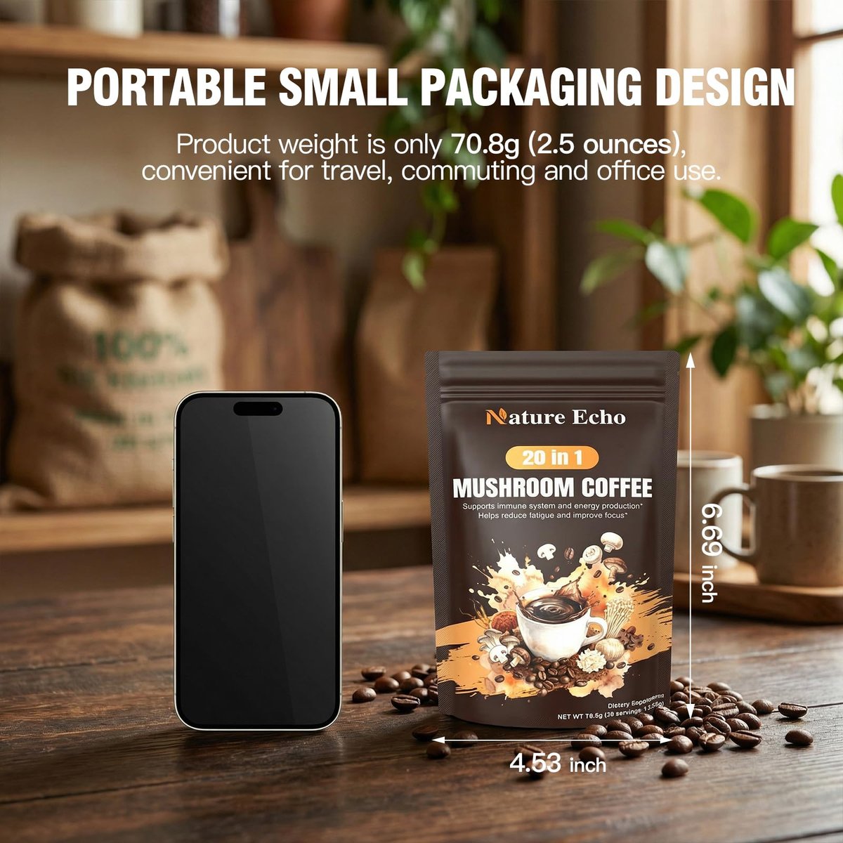Nature Echo 20-in-1 Pilz-Kaffee mit Ashwagandha | Löwenmähne, Reishi, Cordyceps & mehr - Koffeinarmes Instant-Kaffeepulver für Fokus, Energie, Immun- und Darmunterstützung | 2,5 Unzen | Zuckerfrei