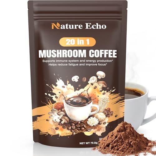 Nature Echo 20-in-1 Pilz-Kaffee mit Ashwagandha | Löwenmähne, Reishi, Cordyceps & mehr - Koffeinarmes Instant-Kaffeepulver für Fokus, Energie, Immun- und Darmunterstützung | 2,5 Unzen | Zuckerfrei