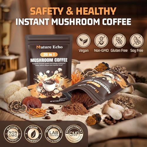 Nature Echo 20-in-1 Pilz-Kaffee mit Ashwagandha | Löwenmähne, Reishi, Cordyceps & mehr - Koffeinarmes Instant-Kaffeepulver für Fokus, Energie, Immun- und Darmunterstützung | 2,5 Unzen | Zuckerfrei