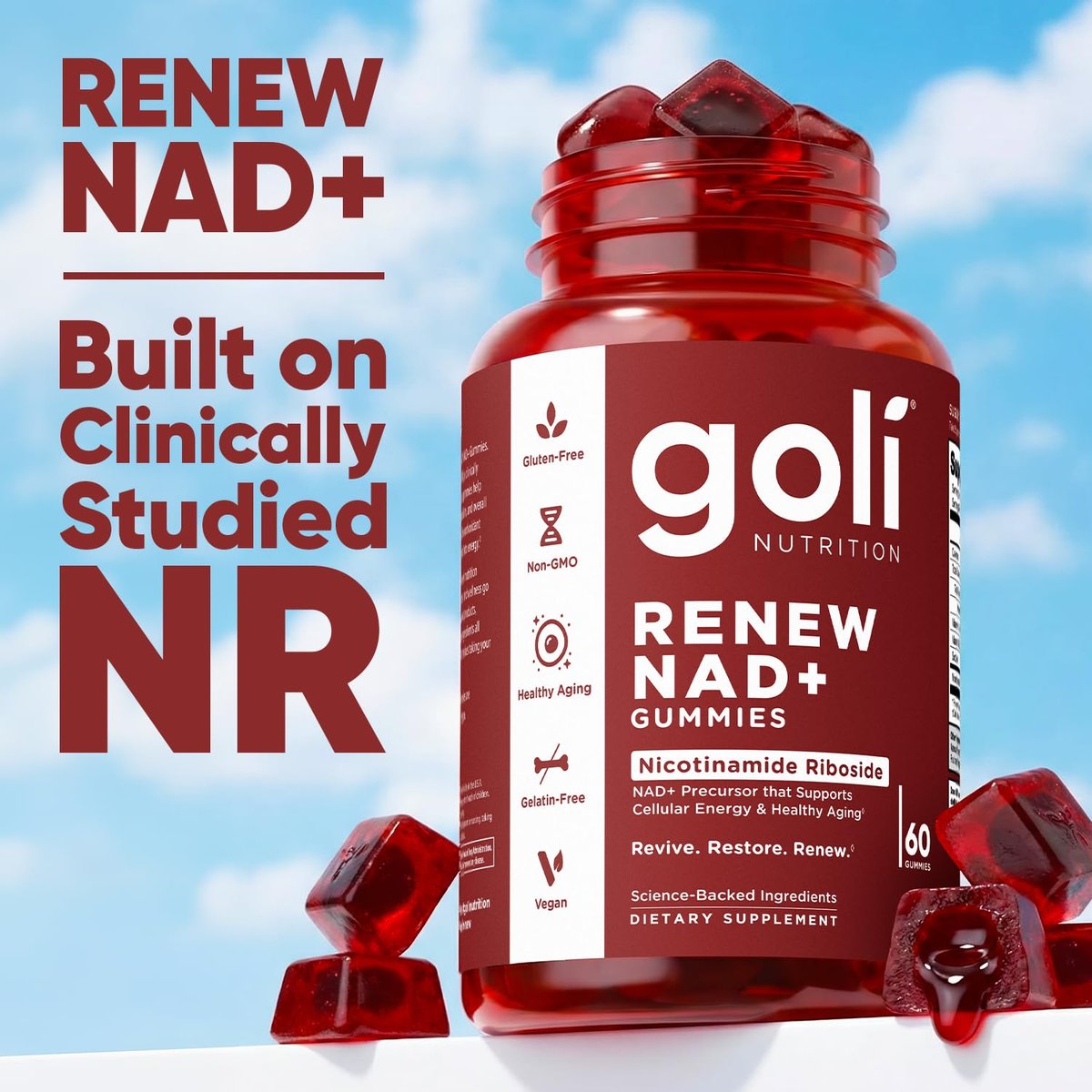 Goli World’s First Renew NAD+ 60 Gummis – Nicotinamid-Ribosid (NR) – Zelluläre Energie & Unterstützung für gesundes Altern – Vegan, Non-GMO, Gelatinefrei