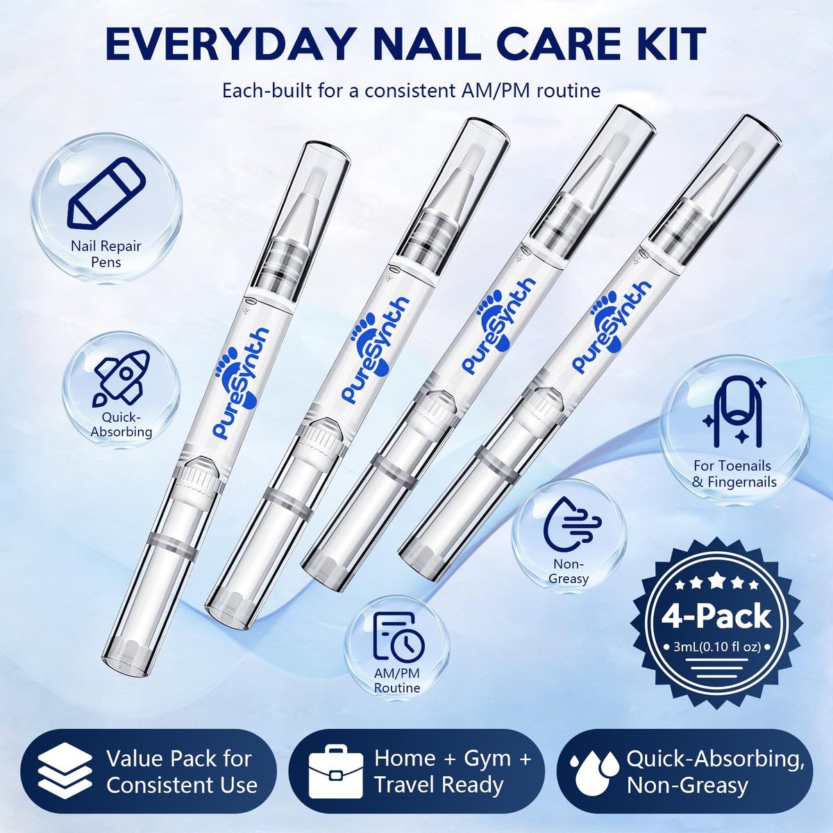 Extra Starkes Nagelpilz-Reparatur-Pen (OTC Maximalstärke), 25% Undecylensäure + Aloe & Vitamin E, für dicke gelb verfärbte Nägel, 12 ml (0,41 fl oz) Gesamt, 4er-Pack, Designed in USA