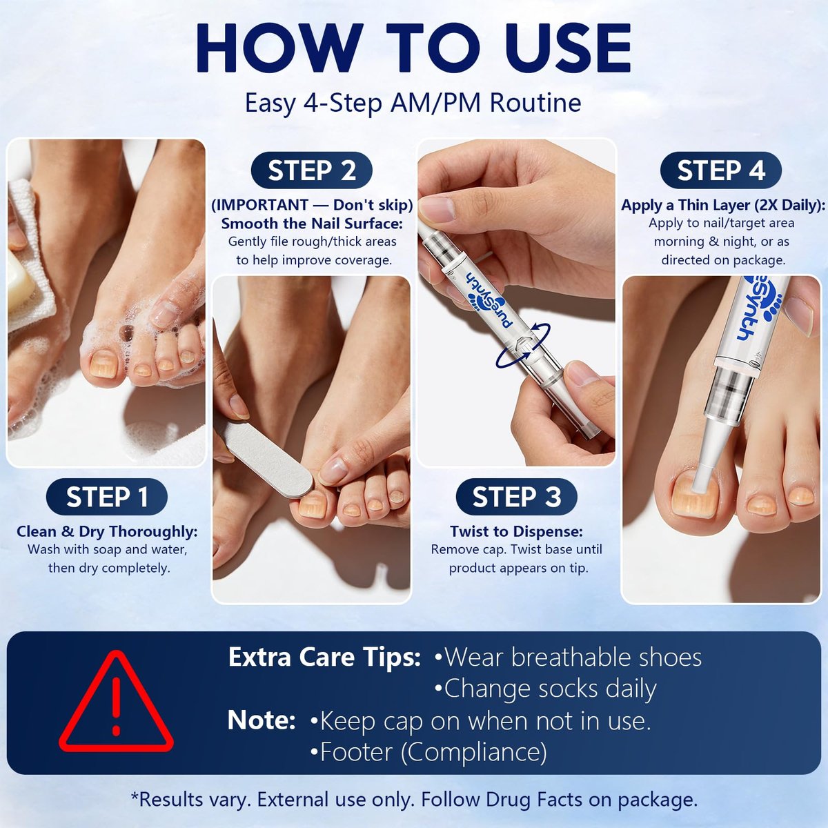 Extra Starkes Nagelpilz-Reparatur-Pen (OTC Maximalstärke), 25% Undecylensäure + Aloe & Vitamin E, für dicke gelb verfärbte Nägel, 12 ml (0,41 fl oz) Gesamt, 4er-Pack, Designed in USA