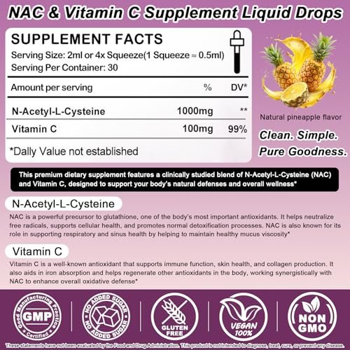 NAC Supplement N-Acetyl Cystein 1000mg, Liposomale NAC Tropfen mit Vitamin C für Antioxidans, Leber- & Nieren-Detox*, Unterstützt Atemwegs- & Immungesundheit, Schnellere Absorption als Pulver Gummibärchen丨Milchzucker- & Sojafrei