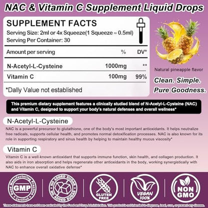 NAC Supplement N-Acetyl Cystein 1000mg, Liposomale NAC Tropfen mit Vitamin C für Antioxidans, Leber- & Nieren-Detox*, Unterstützt Atemwegs- & Immungesundheit, Schnellere Absorption als Pulver Gummibärchen丨Milchzucker- & Sojafrei