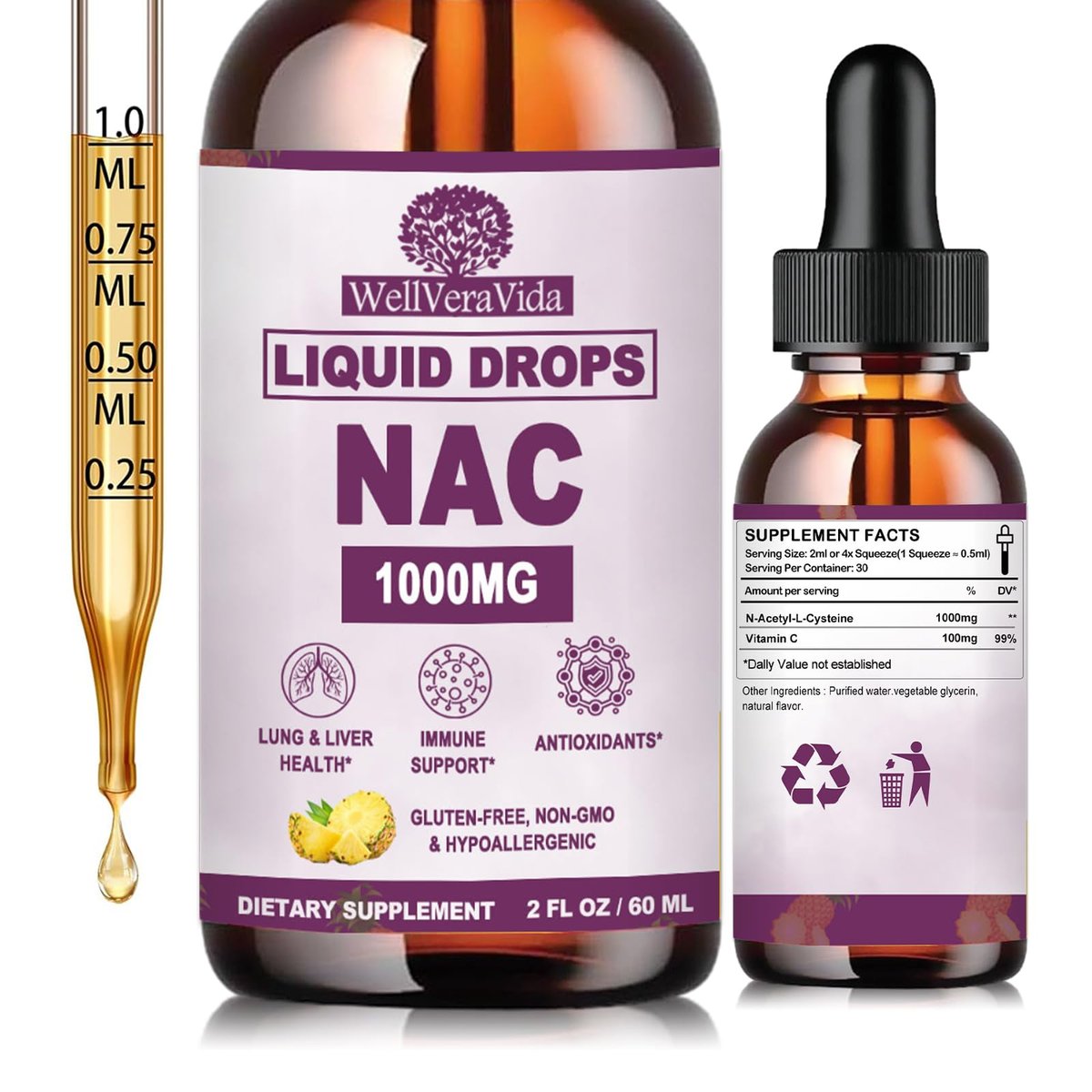 NAC Supplement N-Acetyl Cystein 1000mg, Liposomale NAC Tropfen mit Vitamin C für Antioxidans, Leber- & Nieren-Detox*, Unterstützt Atemwegs- & Immungesundheit, Schnellere Absorption als Pulver Gummibärchen丨Milchzucker- & Sojafrei