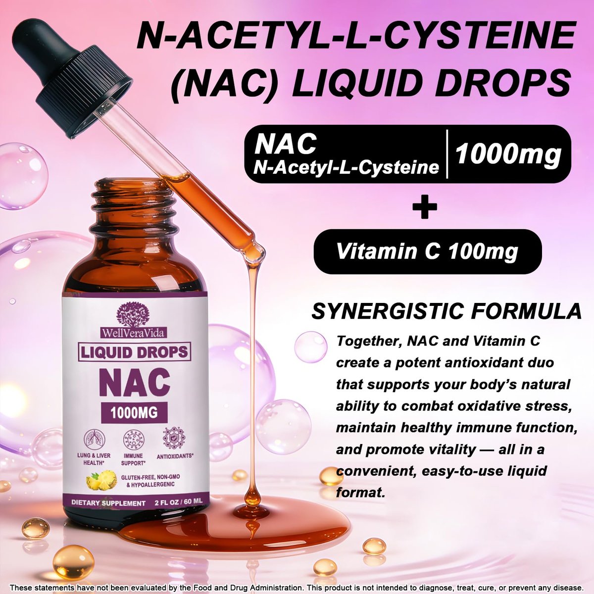 NAC Supplement N-Acetyl Cystein 1000mg, Liposomale NAC Tropfen mit Vitamin C für Antioxidans, Leber- & Nieren-Detox*, Unterstützt Atemwegs- & Immungesundheit, Schnellere Absorption als Pulver Gummibärchen丨Milchzucker- & Sojafrei