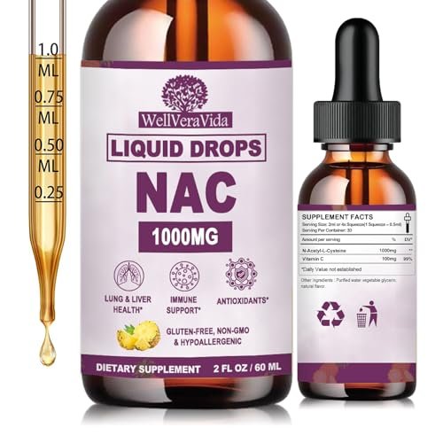 NAC Supplement N-Acetyl Cystein 1000mg, Liposomale NAC Tropfen mit Vitamin C für Antioxidans, Leber- & Nieren-Detox*, Unterstützt Atemwegs- & Immungesundheit, Schnellere Absorption als Pulver Gummibärchen丨Milchzucker- & Sojafrei