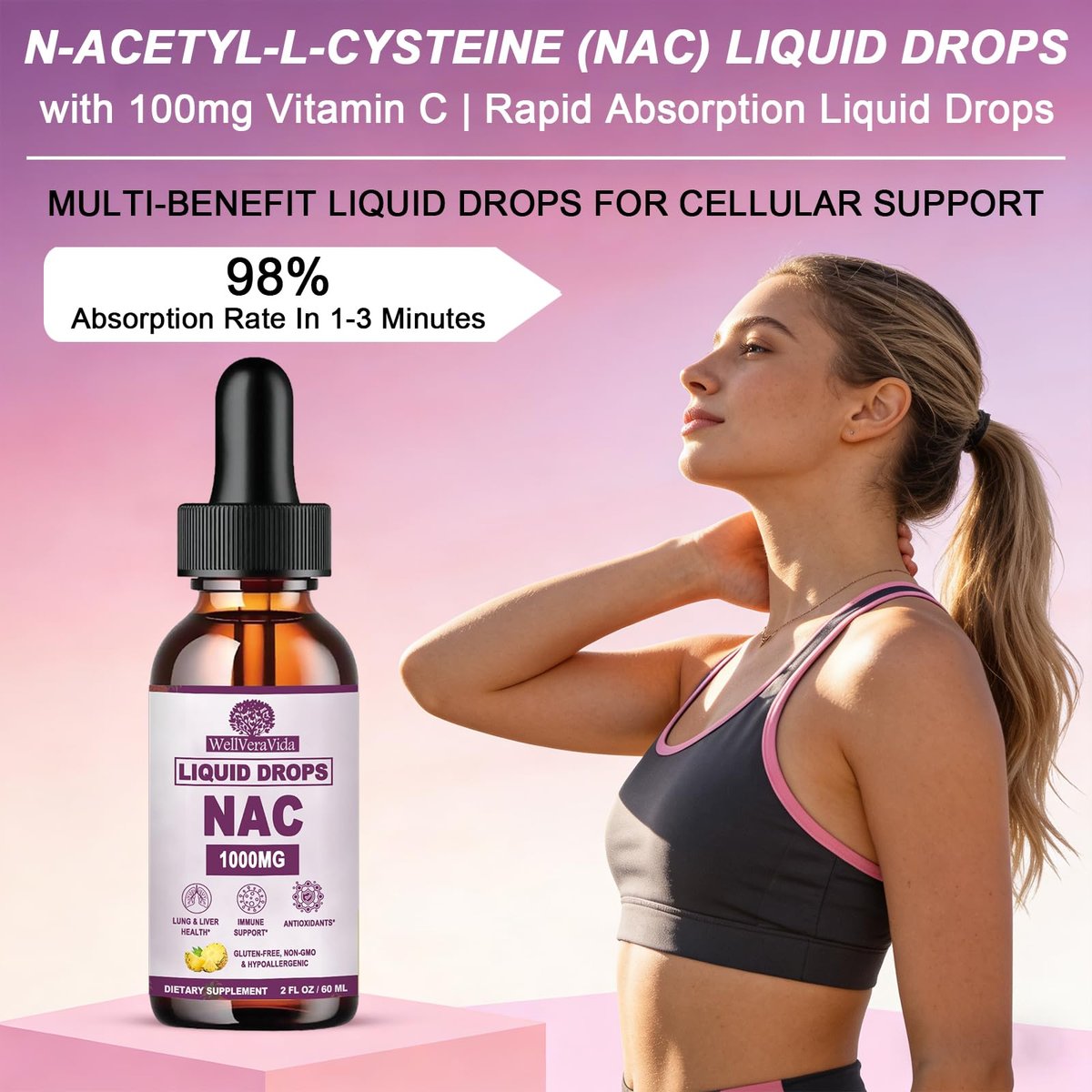 NAC Supplement N-Acetyl Cystein 1000mg, Liposomale NAC Tropfen mit Vitamin C für Antioxidans, Leber- & Nieren-Detox*, Unterstützt Atemwegs- & Immungesundheit, Schnellere Absorption als Pulver Gummibärchen丨Milchzucker- & Sojafrei
