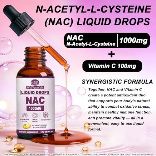 NAC Supplement N-Acetyl Cystein 1000mg, Liposomale NAC Tropfen mit Vitamin C für Antioxidans, Leber- & Nieren-Detox*, Unterstützt Atemwegs- & Immungesundheit, Schnellere Absorption als Pulver Gummibärchen丨Milchzucker- & Sojafrei
