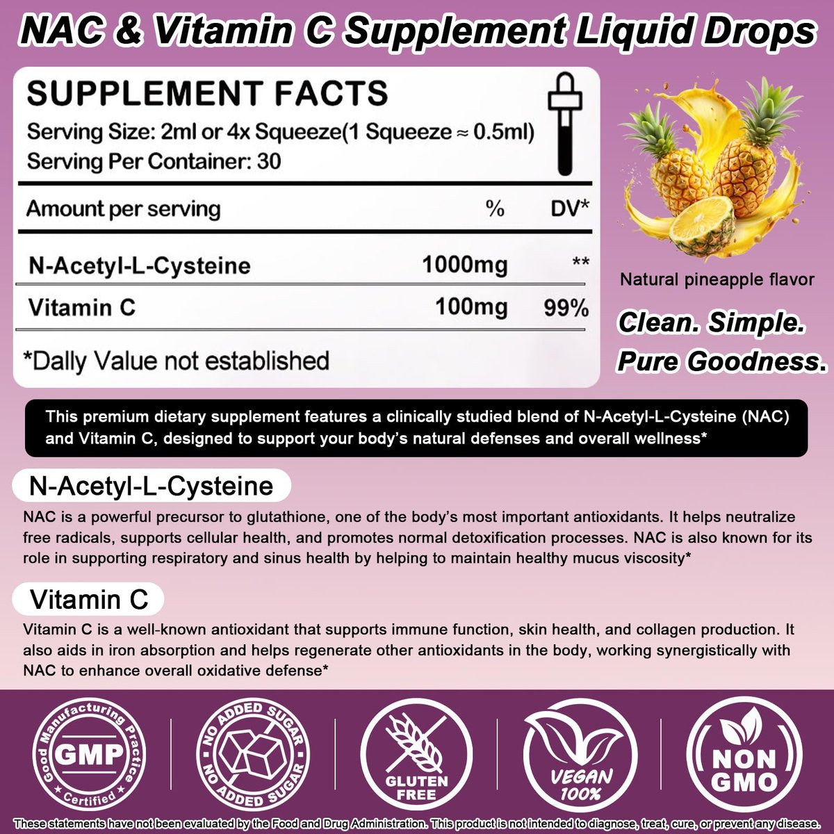 NAC Supplement N-Acetyl Cystein 1000mg, Liposomale NAC Tropfen mit Vitamin C für Antioxidans, Leber- & Nieren-Detox*, Unterstützt Atemwegs- & Immungesundheit, Schnellere Absorption als Pulver Gummibärchen丨Milchzucker- & Sojafrei