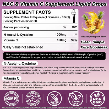 NAC Supplement N-Acetyl Cystein 1000mg, Liposomale NAC Tropfen mit Vitamin C für Antioxidans, Leber- & Nieren-Detox*, Unterstützt Atemwegs- & Immungesundheit, Schnellere Absorption als Pulver Gummibärchen丨Milchzucker- & Sojafrei