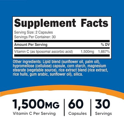 Nutricost Liposomales Vitamin C (1.500 mg) 60 Kapseln - Hochdosiert, Vegan, Glutenfrei, 30 Portionen