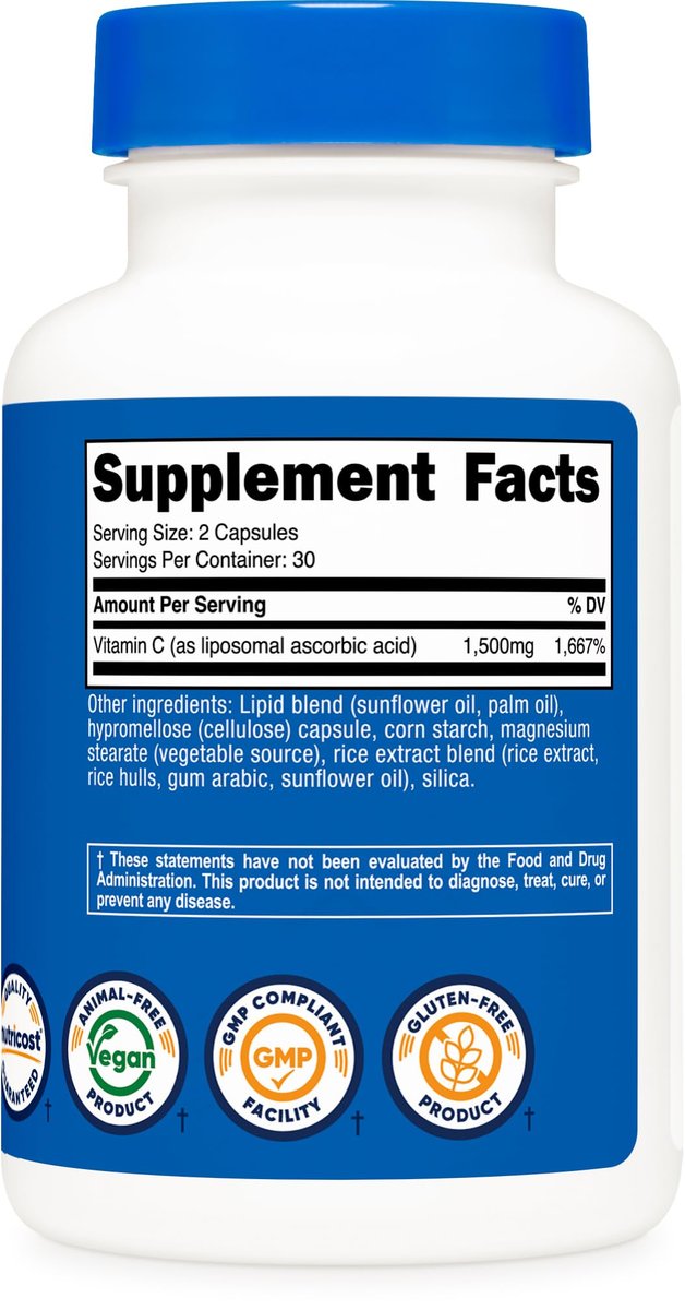 Nutricost Liposomales Vitamin C (1.500 mg) 60 Kapseln - Hochdosiert, Vegan, Glutenfrei, 30 Portionen