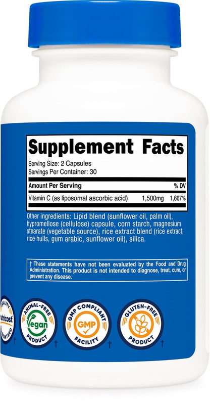 Nutricost Liposomales Vitamin C (1.500 mg) 60 Kapseln - Hochdosiert, Vegan, Glutenfrei, 30 Portionen