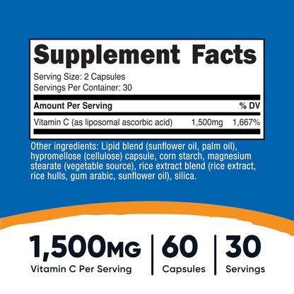 Nutricost Liposomales Vitamin C (1.500 mg) 60 Kapseln - Hochdosiert, Vegan, Glutenfrei, 30 Portionen