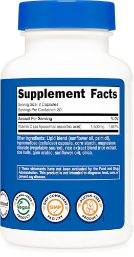 Nutricost Liposomales Vitamin C (1.500 mg) 60 Kapseln - Hochdosiert, Vegan, Glutenfrei, 30 Portionen